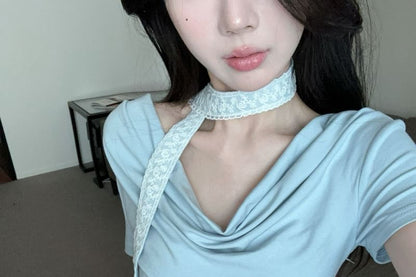 Short-Sleeve Cowl Neck Plain Asymmetrical Slim Fit Tee