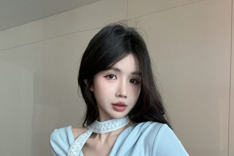 Short-Sleeve Cowl Neck Plain Asymmetrical Slim Fit Tee