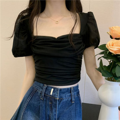 Puff-Sleeve Plain Ruched Crop Slim Fit Top