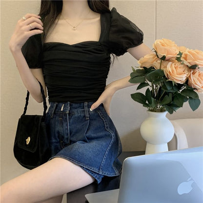 Puff-Sleeve Plain Ruched Crop Slim Fit Top