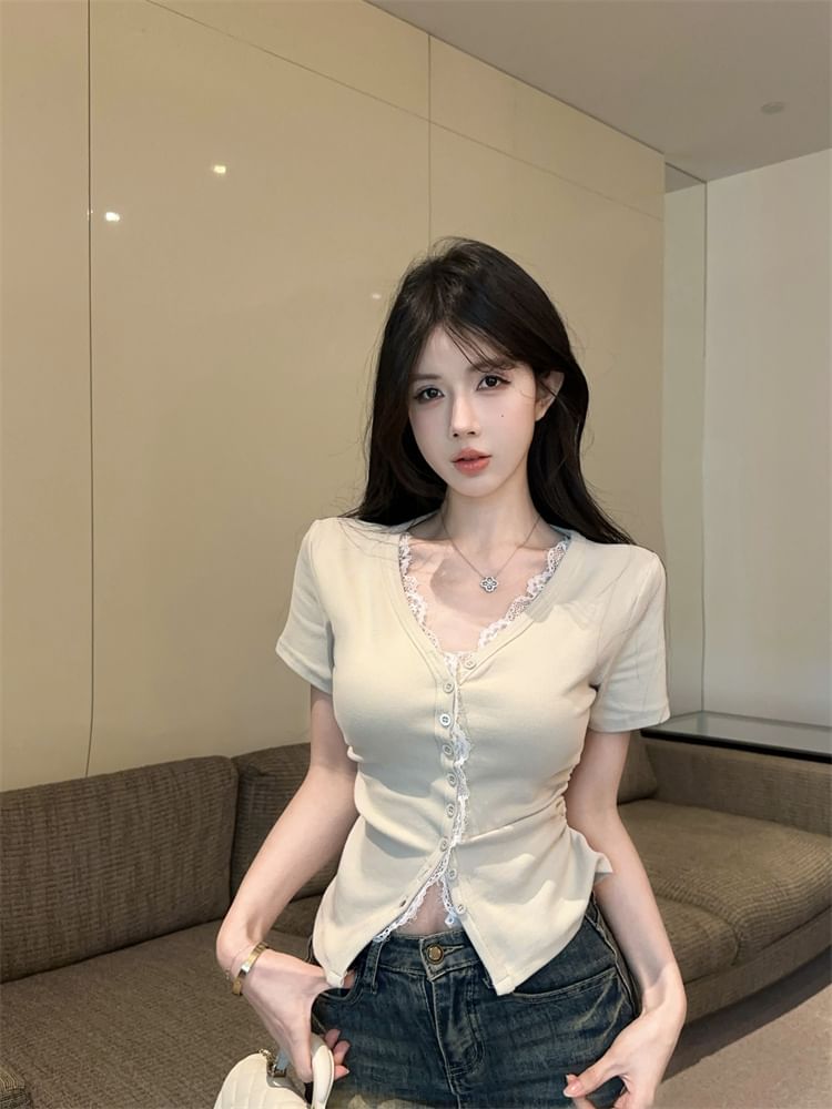 V-Neck Short-Sleeve Plain Slim Tee Fit Trim Button Lace