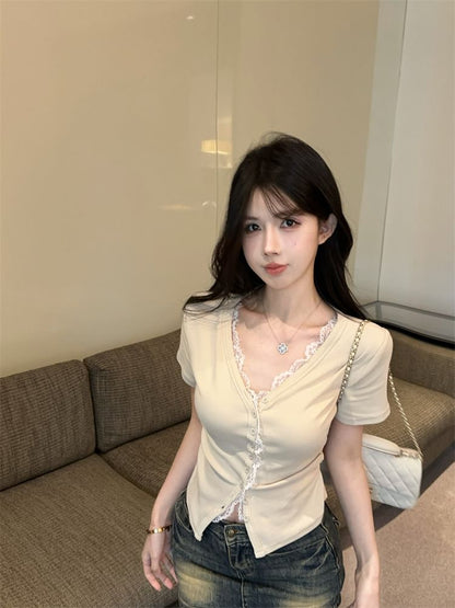 Short-Sleeve V-Neck Plain Lace Trim Button Slim Fit Tee
