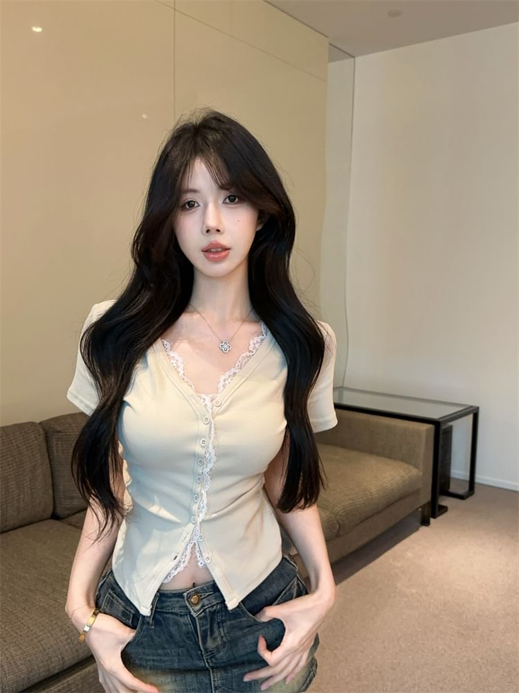 Short-Sleeve V-Neck Plain Lace Trim Button Slim Fit Tee