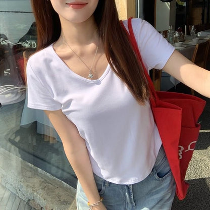 Short-Sleeve V-Neck Plain Ruched T-Shirt