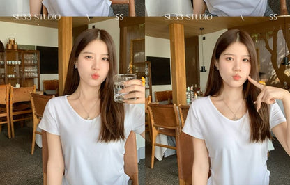 Short-Sleeve V-Neck Plain Ruched T-Shirt