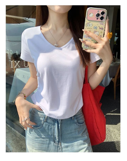 Short-Sleeve V-Neck Plain Ruched T-Shirt