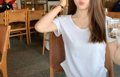 Short-Sleeve V-Neck Plain Ruched T-Shirt