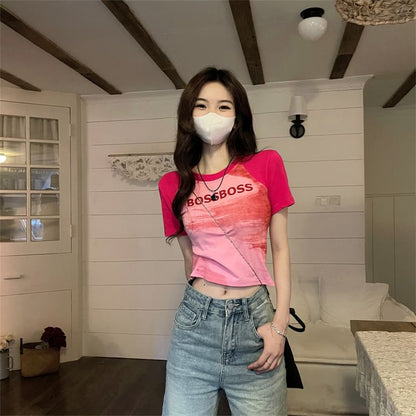 Short-Sleeve Round Neck Lettering Raglan Crop Slim Fit T-Shirt