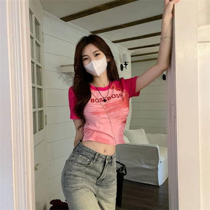 Short-Sleeve Round Neck Lettering Raglan Crop Slim Fit T-Shirt