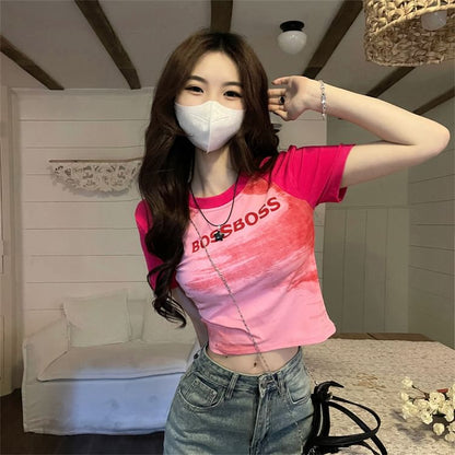 Short-Sleeve Round Neck Lettering Raglan Crop Slim Fit T-Shirt