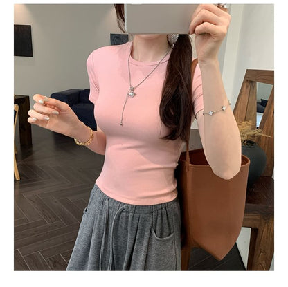 Short-Sleeve Round Neck Plain Slim Fit Tee