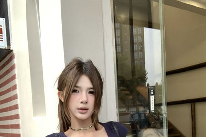 Short-Sleeve Henley Plain Crop Slim Fit T-Shirt