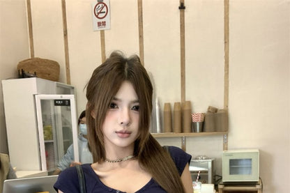 Short-Sleeve Henley Plain Crop Slim Fit T-Shirt