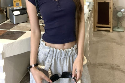 Short-Sleeve Henley Plain Crop Slim Fit T-Shirt