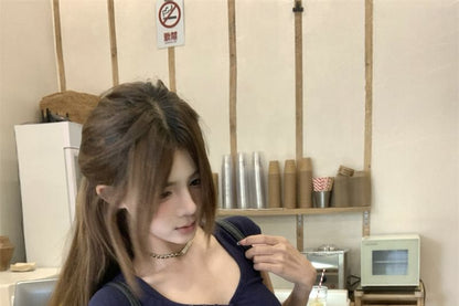 Short-Sleeve Henley Plain Crop Slim Fit T-Shirt