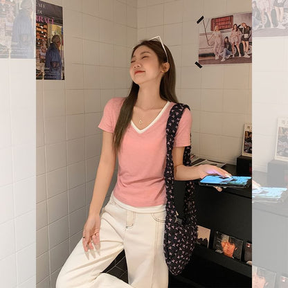 Mock Two-Piece Short-Sleeve V-Neck Contrast Trim Tee