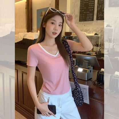 Mock Two-Piece Short-Sleeve V-Neck Contrast Trim Tee