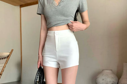 Mock Two-Piece Short-Sleeve V-Neck Plain Lace Trim Slim Fit Tee / High Waist Shorts