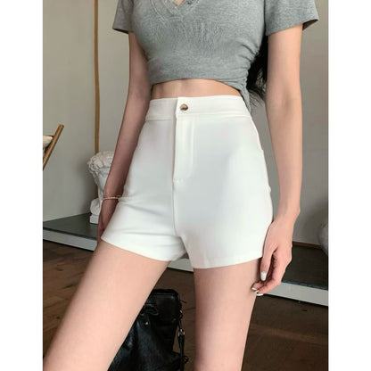 Mock Two-Piece Short-Sleeve V-Neck Plain Lace Trim Slim Fit Tee / High Waist Shorts