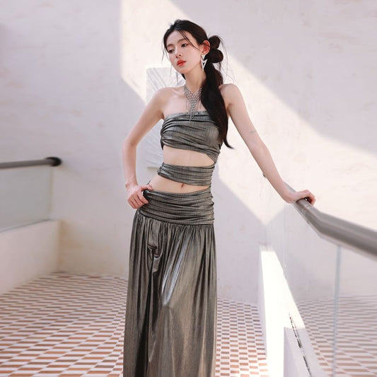 Strapless Metallic Cutout Slit Maxi A-Line Evening Dress