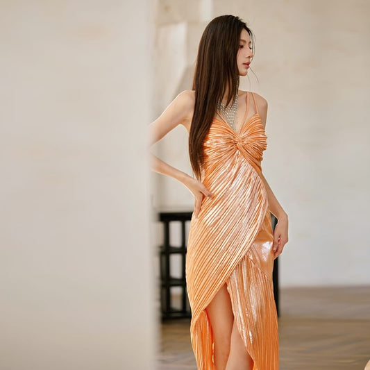 Spaghetti Strap Twist Asymmetrical Slit Midi Sheath Evening Dress