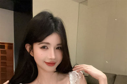 Bow Fringed Lace Panel Padded Slim Fit Camisole Top