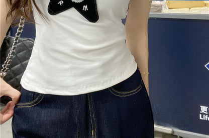 One-Shoulder Star Applique Slim Fit Tank Top