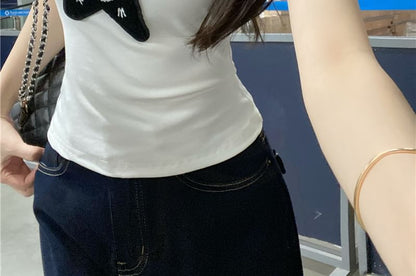 One-Shoulder Star Applique Slim Fit Tank Top