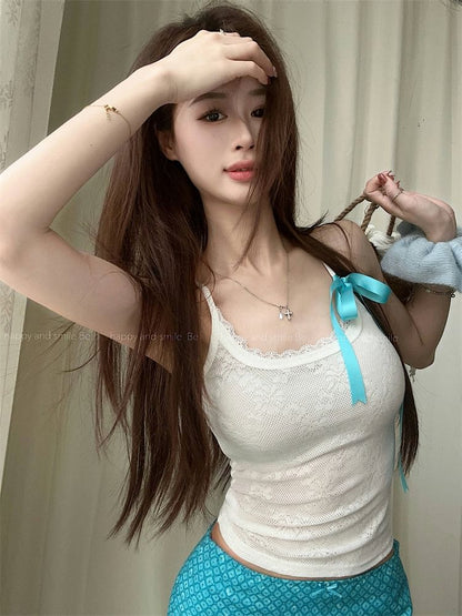 Floral Lace Slim Fit Cami Top / Mid Waist Print Bow Mini Pencil Skirt