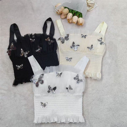 Butterfly Sequin Mesh Panel Padded Crop Slim Fit Tank Top