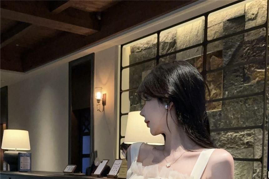 Butterfly Sequin Mesh Panel Padded Crop Slim Fit Tank Top