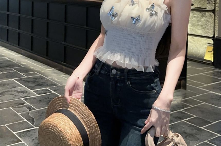 Butterfly Sequin Mesh Panel Padded Crop Slim Fit Tank Top