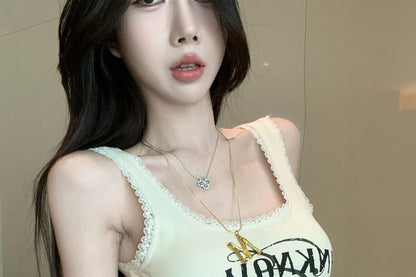 Square Neck Lettering Lace Trim Crop Slim Fit Tank Top