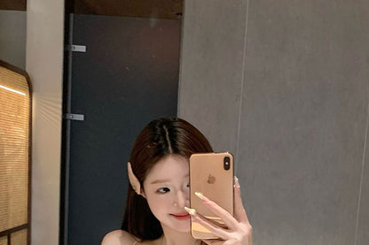 Halter Bow Beaded Lace Panel Slim Fit Camisole Top