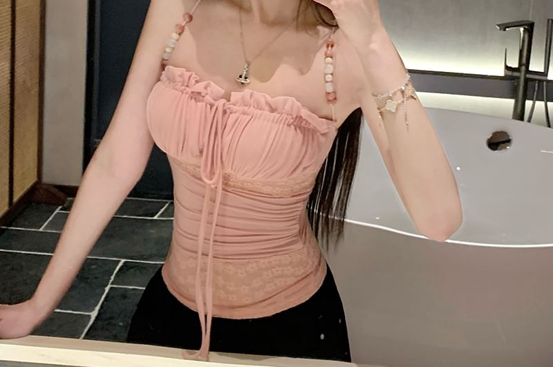 Halter Bow Beaded Lace Panel Slim Fit Camisole Top