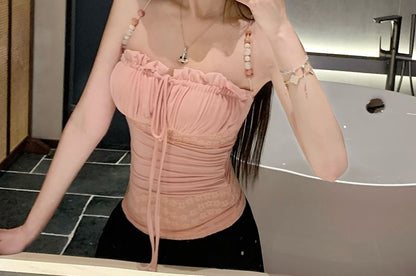 Halter Bow Beaded Lace Panel Slim Fit Camisole Top