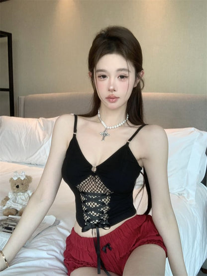 Plain Lace-Up Mesh Panel Crop Slim Fit Camisole Top