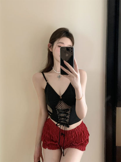 Plain Lace-Up Mesh Panel Crop Slim Fit Camisole Top