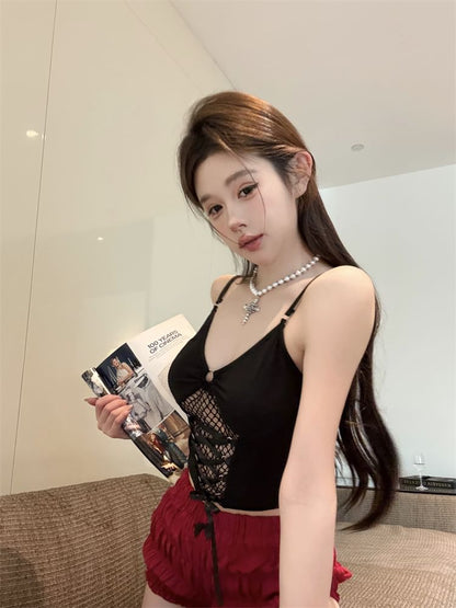 Plain Lace-Up Mesh Panel Crop Slim Fit Camisole Top