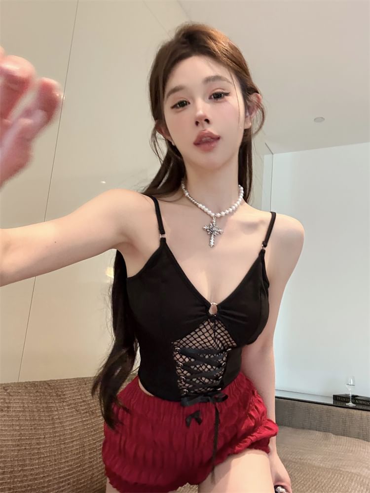 Plain Lace-Up Mesh Panel Crop Slim Fit Camisole Top