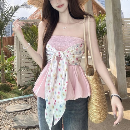 Floral Bow Peplum Tube Top