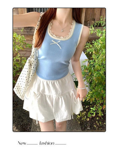 Square Neck Bow Lace Trim Slim Fit Tank Top