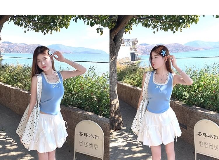 Top Fit Neck Square Lace Bow Slim Tank Trim