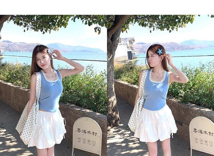 Square Neck Bow Lace Trim Slim Fit Tank Top