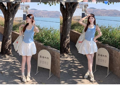 Top Fit Neck Square Lace Bow Slim Tank Trim