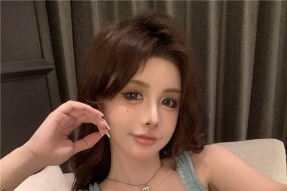 Square Neck Rhinestone Frill Trim Slim Fit Tank Top