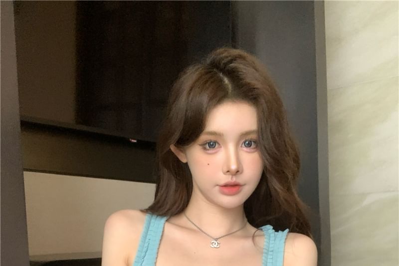 Fit Rhinestone Tank Frill Neck Square Trim Top Slim