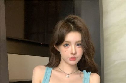 Square Neck Rhinestone Frill Trim Slim Fit Tank Top