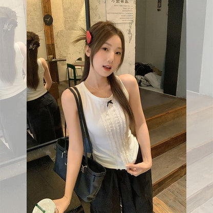 Crew Neck Bow Lace Panel Slim Fit Tank Top