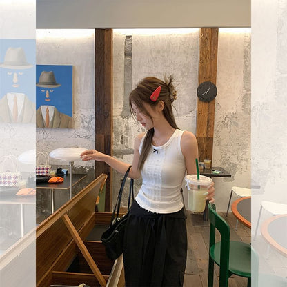 Crew Neck Bow Lace Panel Slim Fit Tank Top